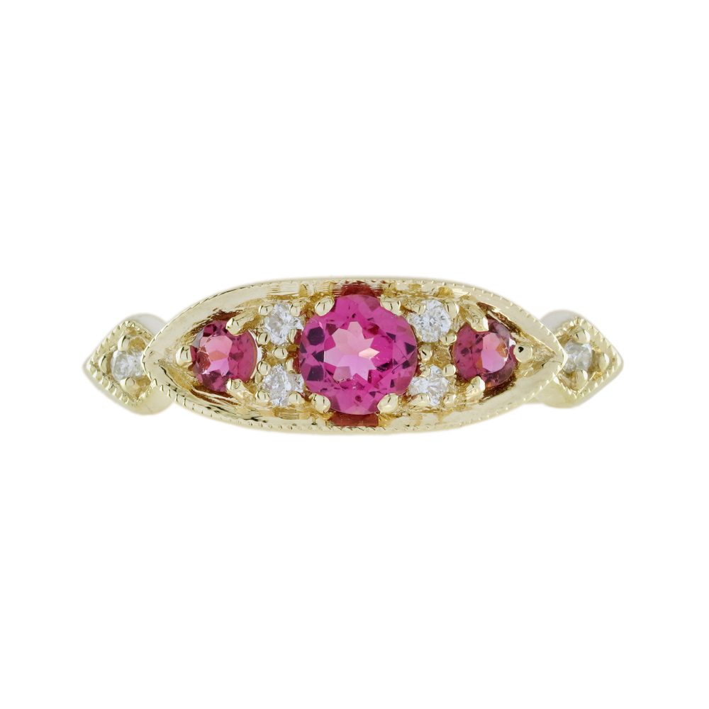 Pink Tourmaline and Diamond Vintage Style Three Stone Ring