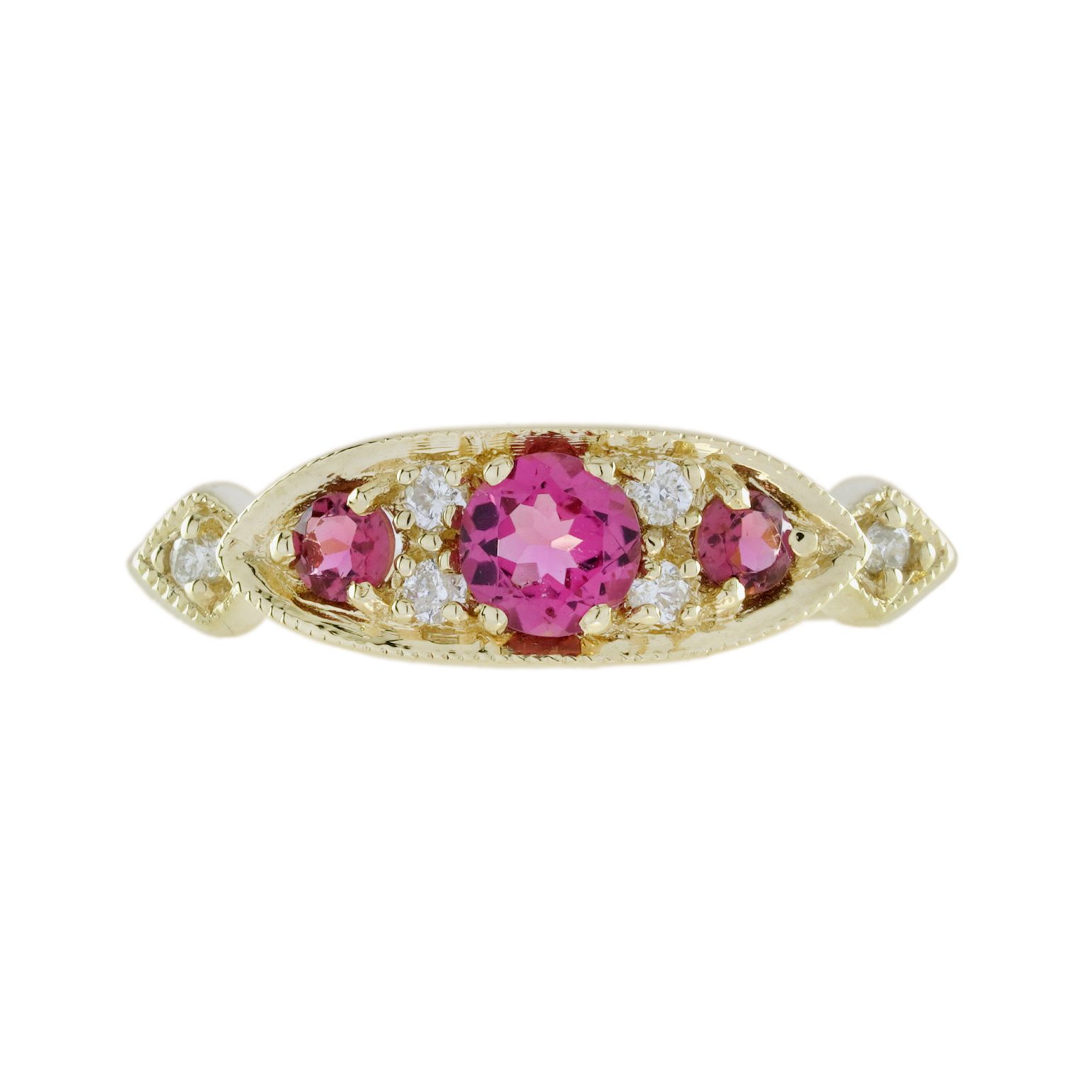 Pink Tourmaline and Diamond Vintage Style Three Stone Ring
