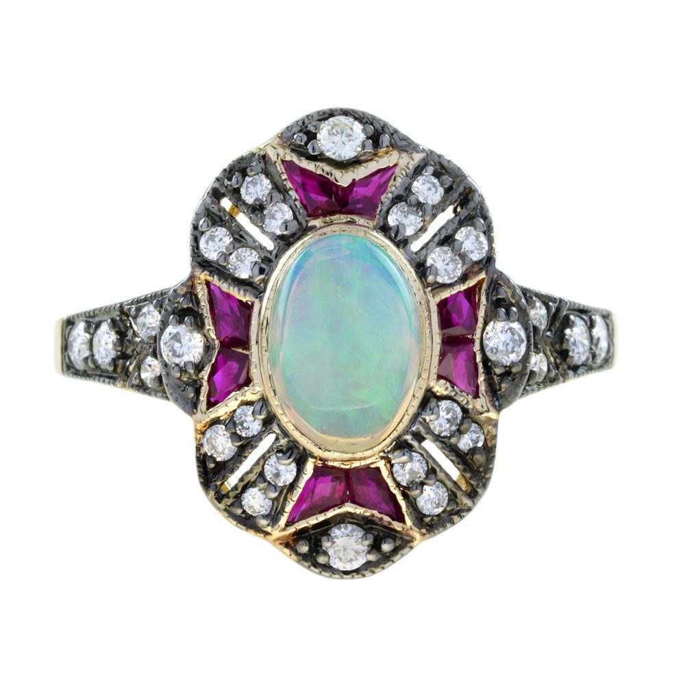 Opal Ruby Diamond Art Deco Style Halo Ring