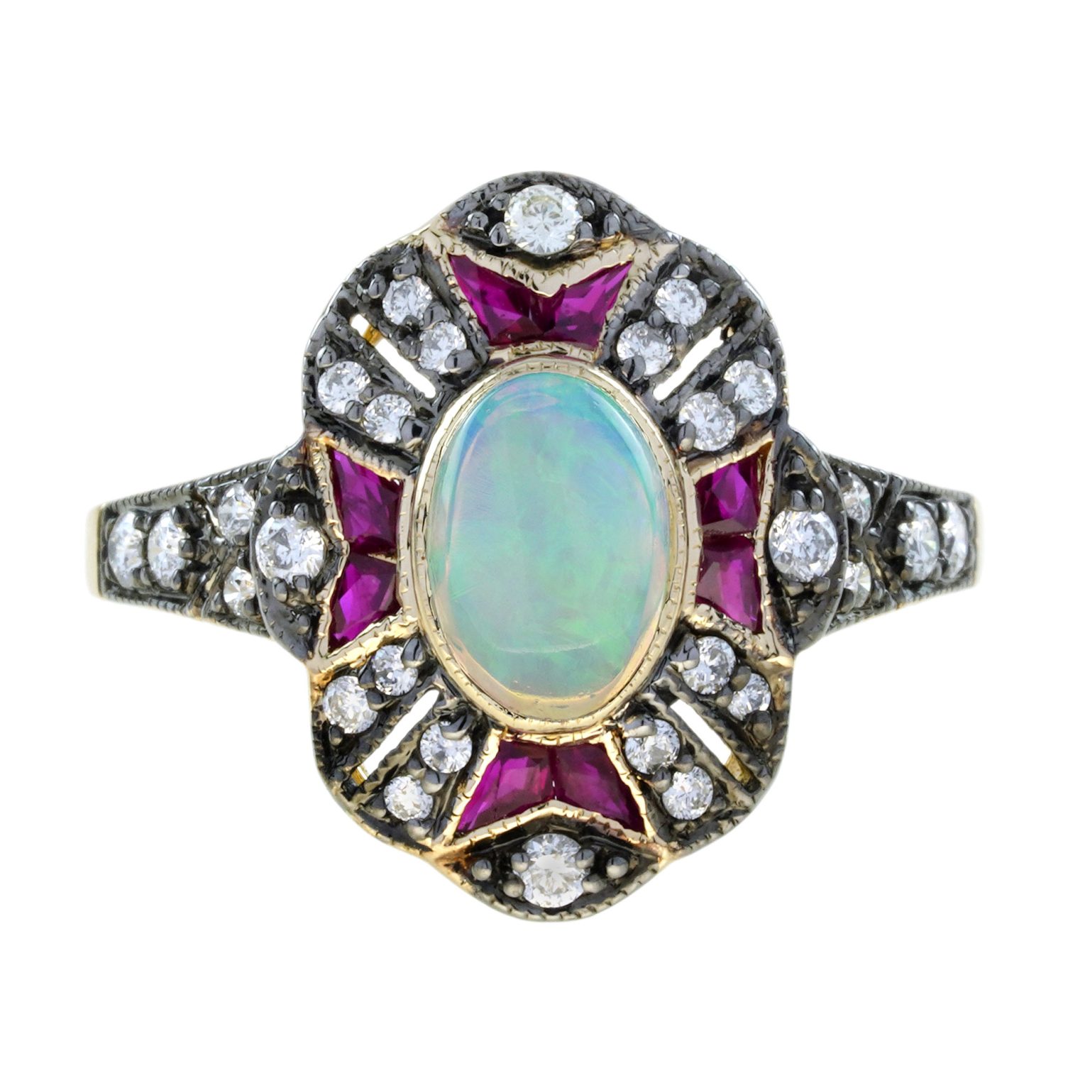 Opal Ruby Diamond Art Deco Style Halo Ring