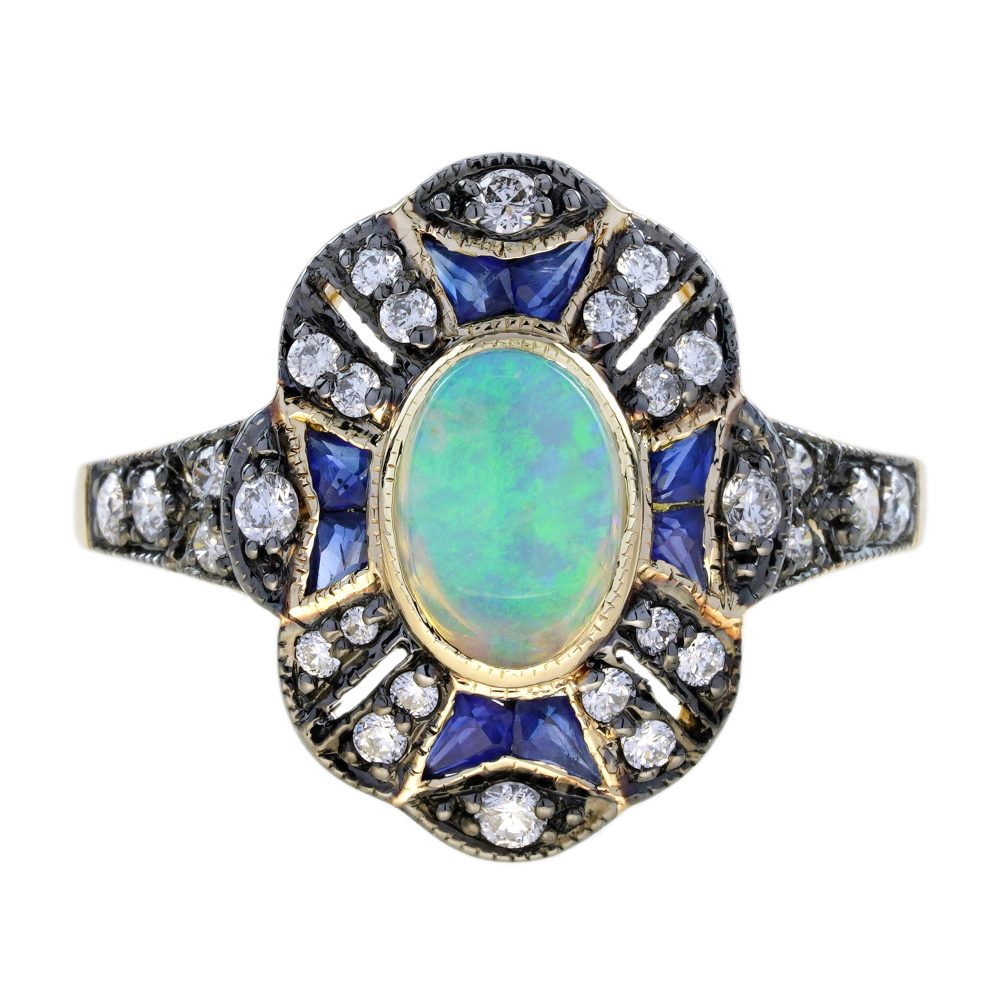 Opal Sapphire Diamond Art Deco Style Halo Ring