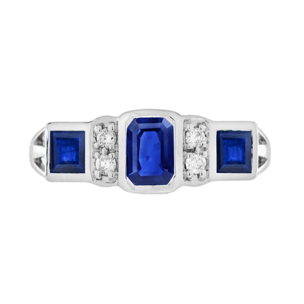 Blue Sapphire and Diamond Art Deco Style Three Stone Ring