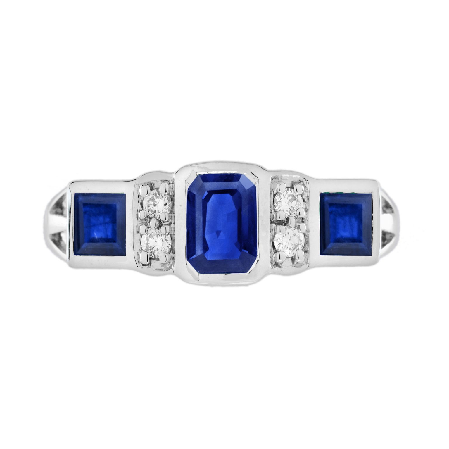 Blue Sapphire and Diamond Art Deco Style Three Stone Ring