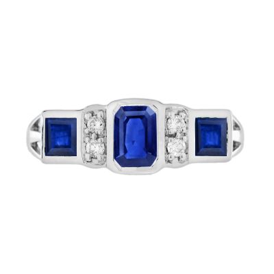 Blue Sapphire and Diamond Art Deco Style Three Stone Ring