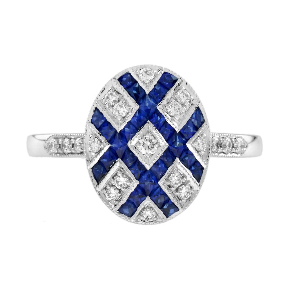 Diamond Blue Sapphire Art Deco Style Cluster Ring