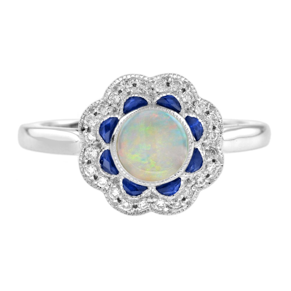 Opal Sapphire Diamond Art Deco Style Engagement Ring