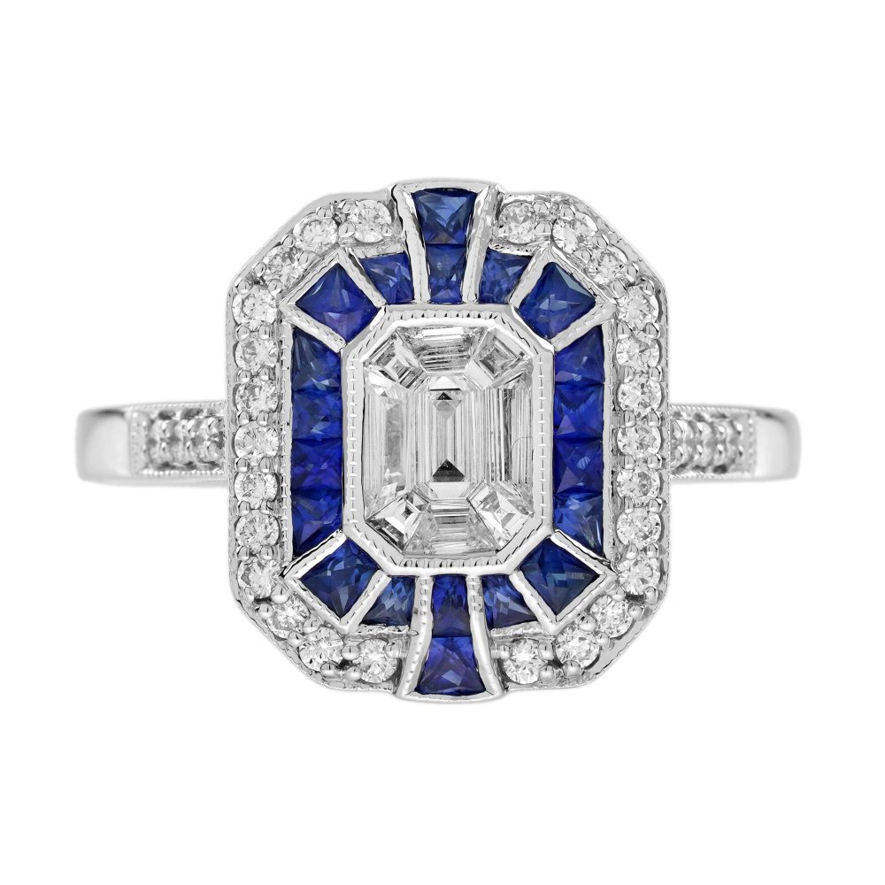 Diamond Illusion Set Blue Sapphire Art Deco Style Ring