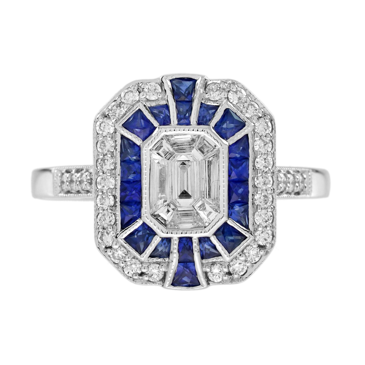 Diamond Illusion Set Blue Sapphire Art Deco Style Ring