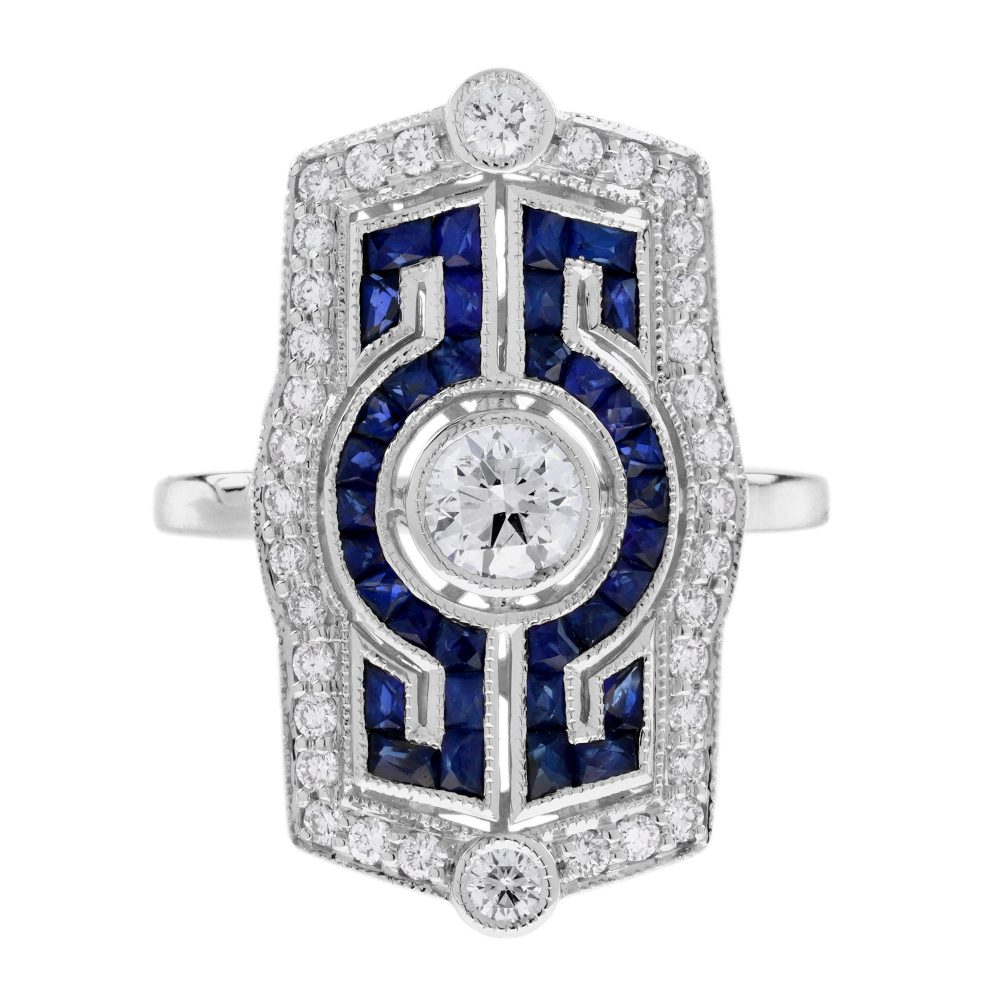 Diamond Blue Sapphire Art Deco Style Dinner Ring