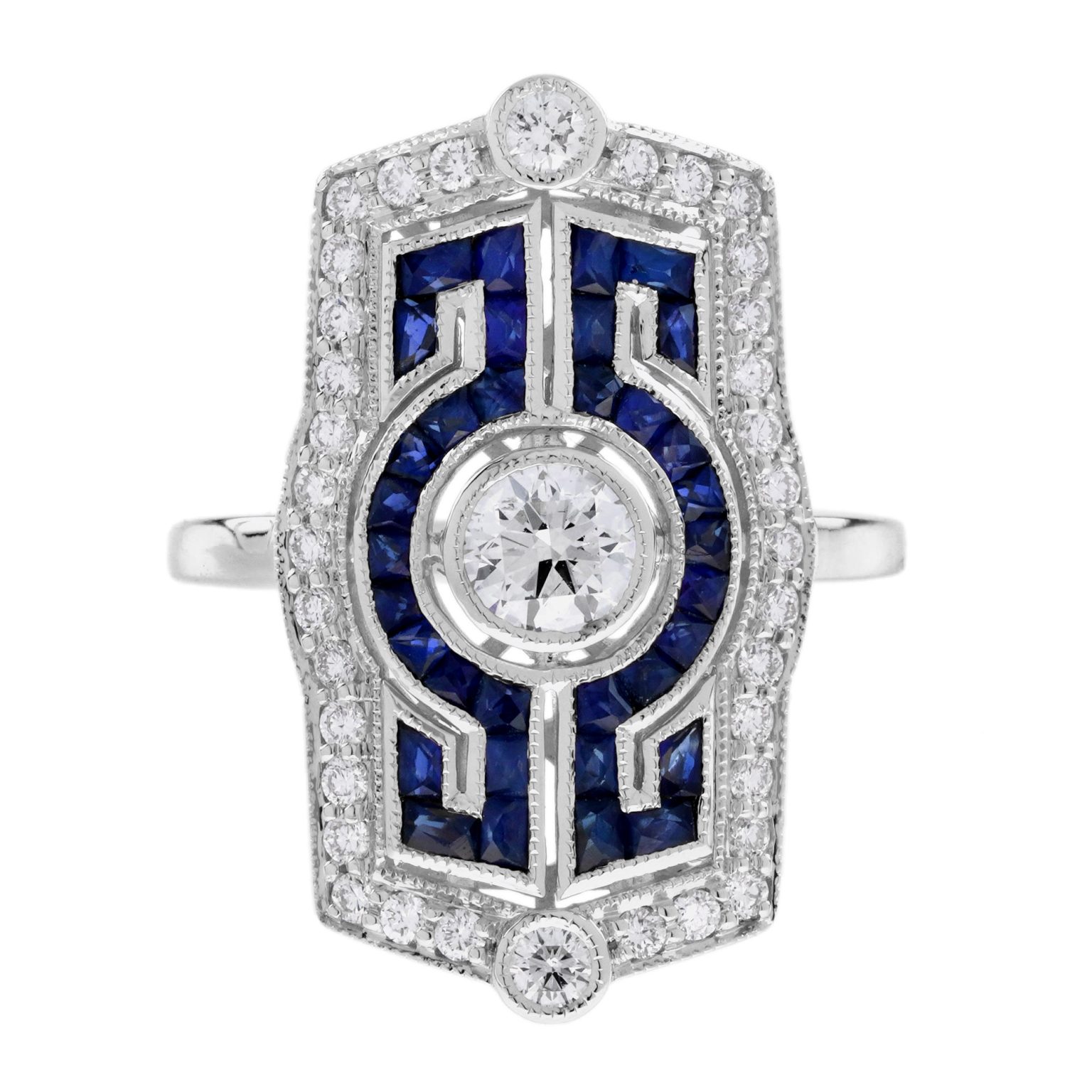 Diamond Blue Sapphire Art Deco Style Dinner Ring