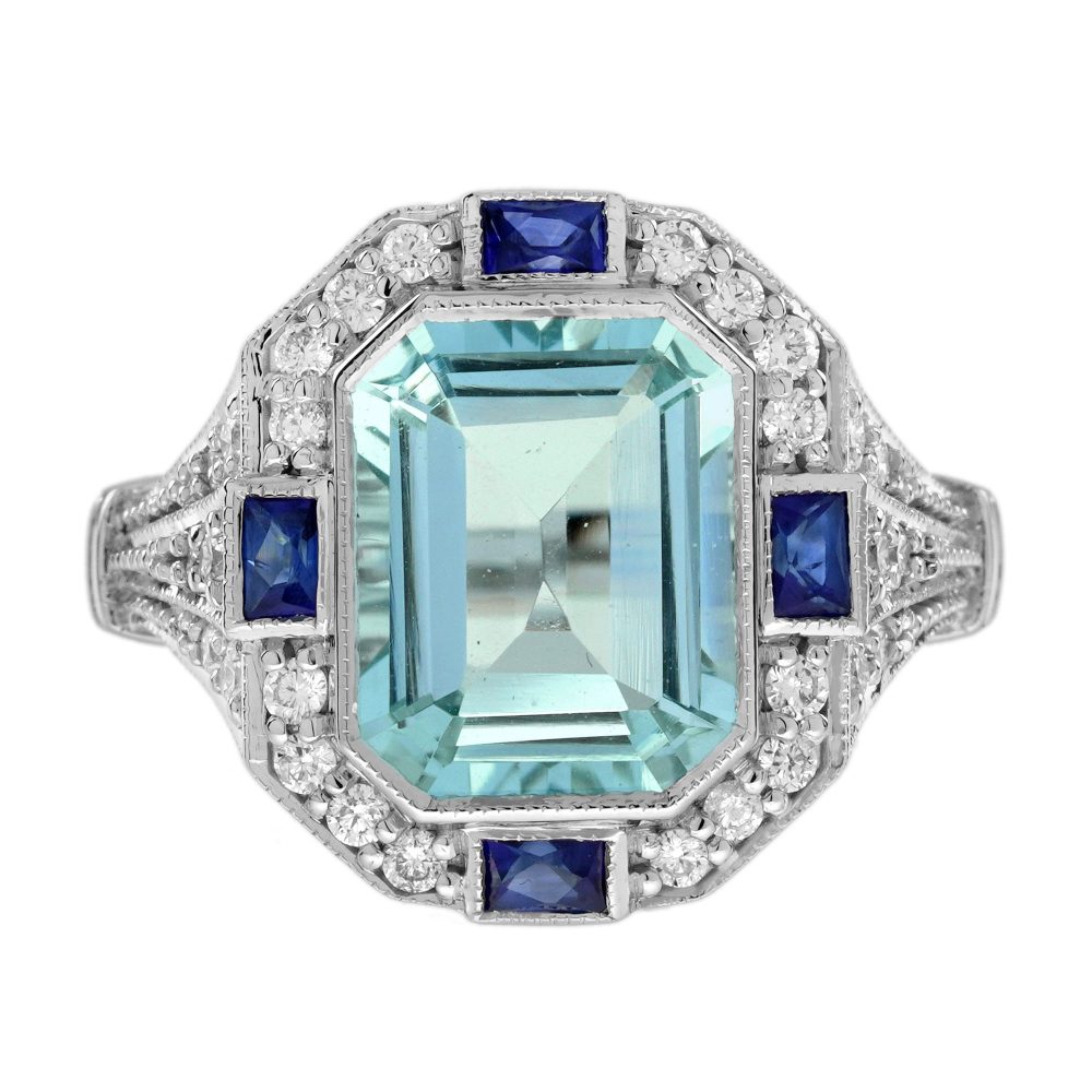 Aquamarine Sapphire Diamond Art Deco Style Engagement Ring