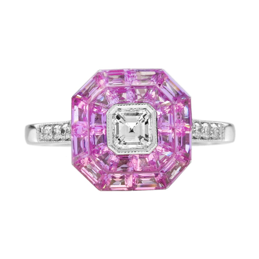 Diamond Invisible Set Pink Sapphire Art Deco Style Engagement Ring
