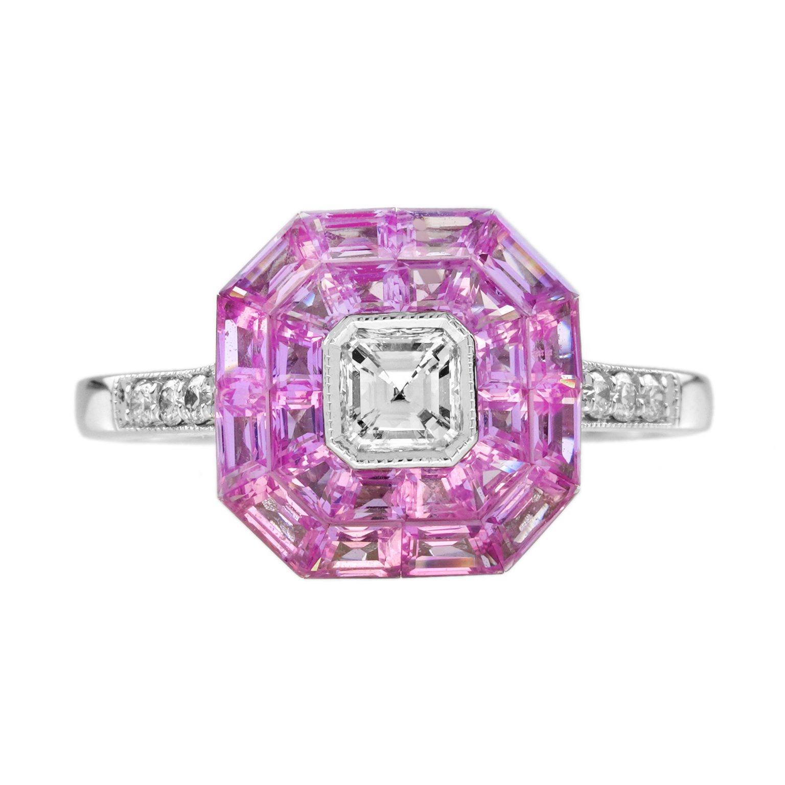 Diamond Invisible Set Pink Sapphire Art Deco Style Engagement Ring