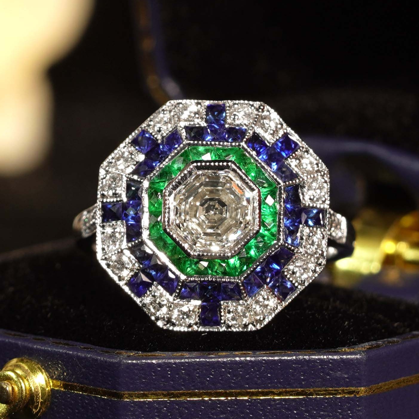 R5689 D-E9-S9-D5 L2501B 01 1.01 Ct. Diamond Emerald Sapphire Art Deco Style Ring