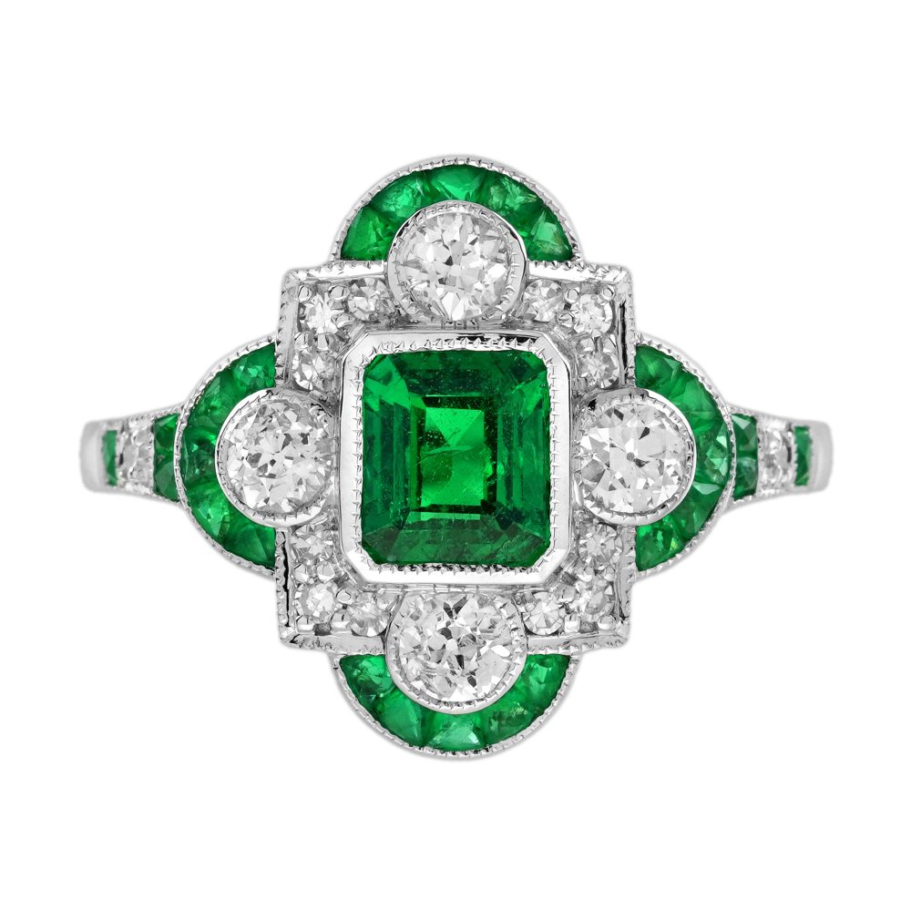 0.81 Ct. Emerald Old Cut Diamond Art Deco Style Ring