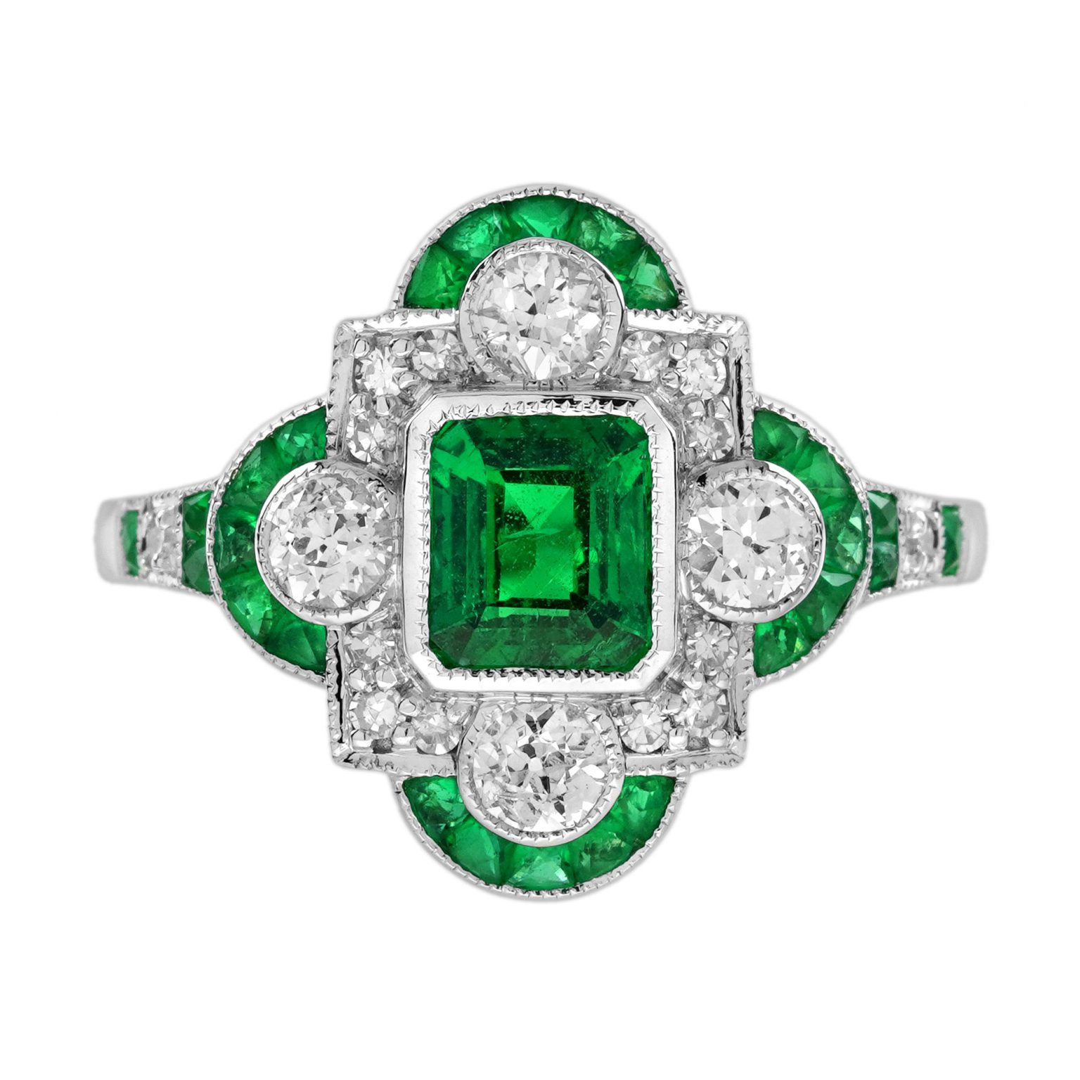0.81 Ct. Emerald Old Cut Diamond Art Deco Style Ring