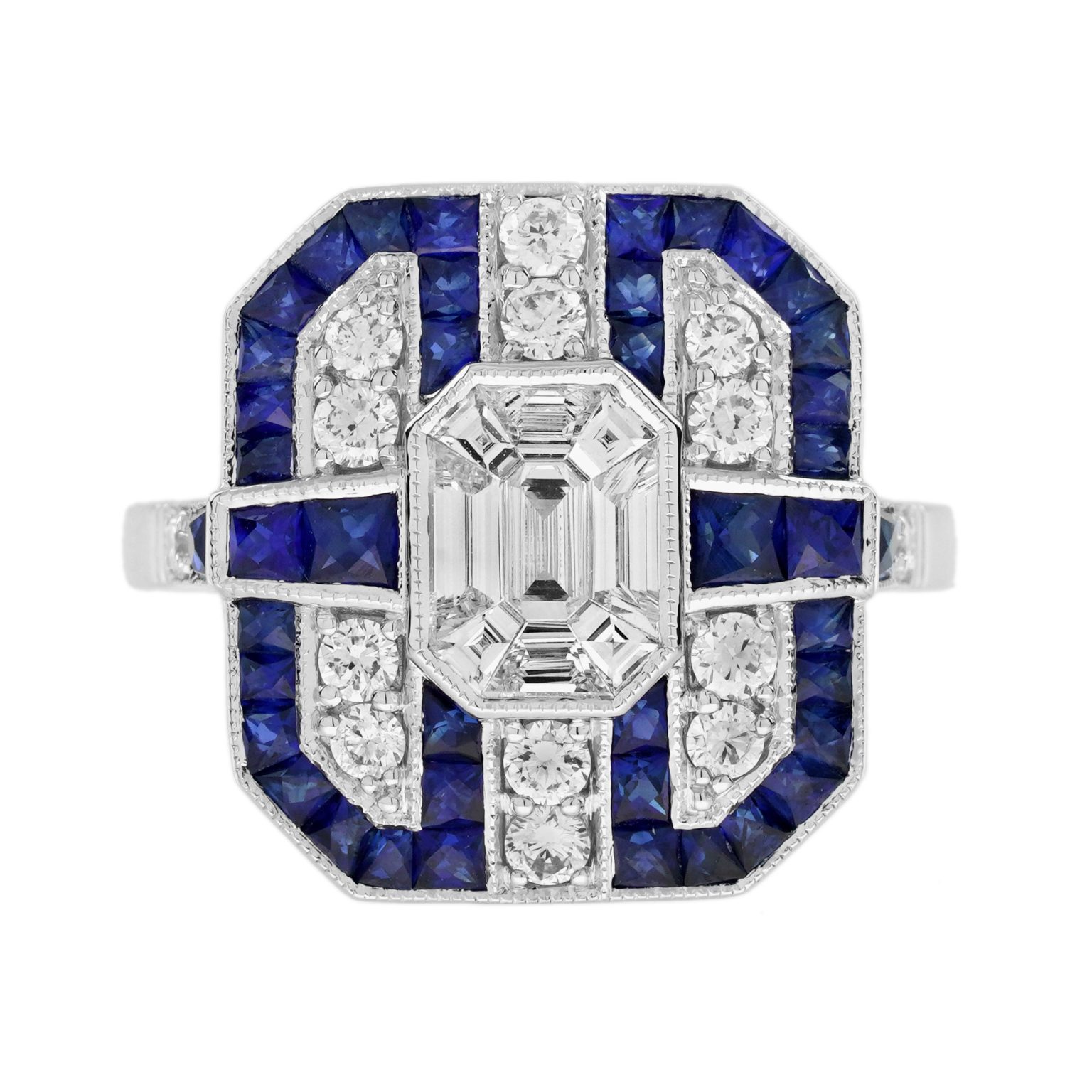 Diamond Illusion Set Blue Sapphire Art Deco Style Engagement Ring