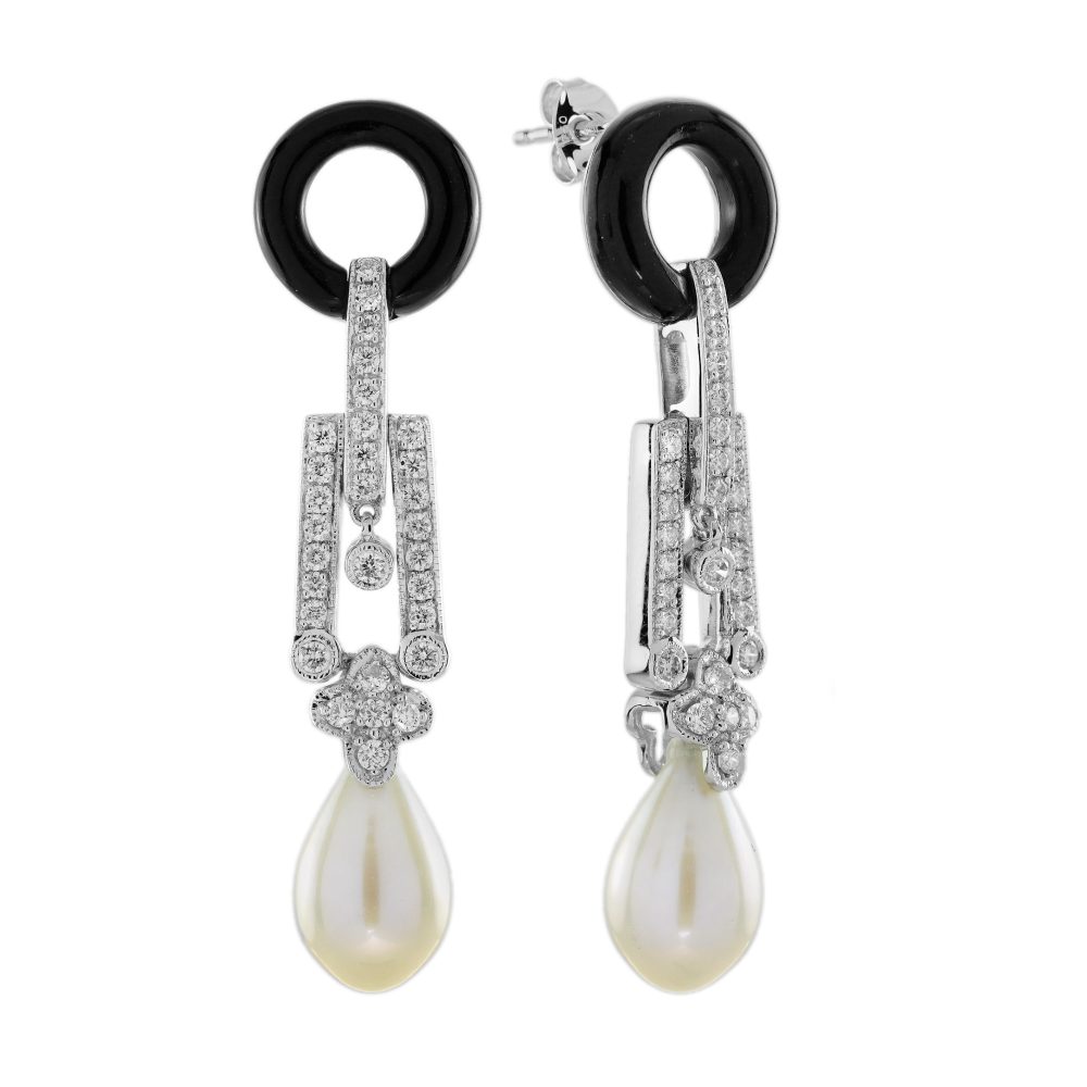 Pearl Onyx Diamond Art Deco Style Drop Earrings
