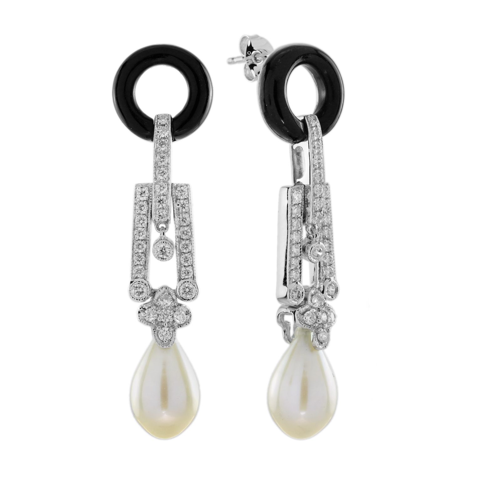 Pearl Onyx Diamond Art Deco Style Drop Earrings