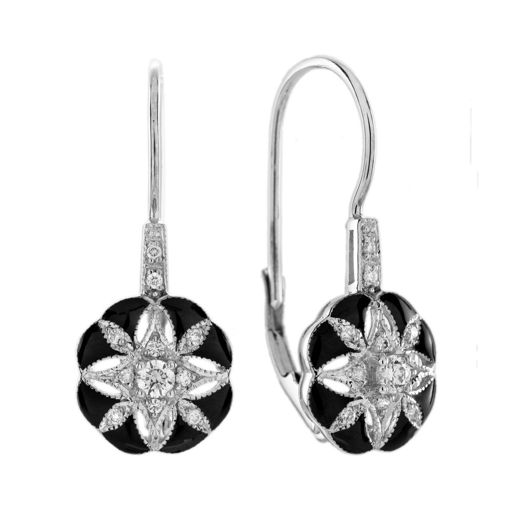 Diamond Black Enamel Art Deco Style Floral Earrings