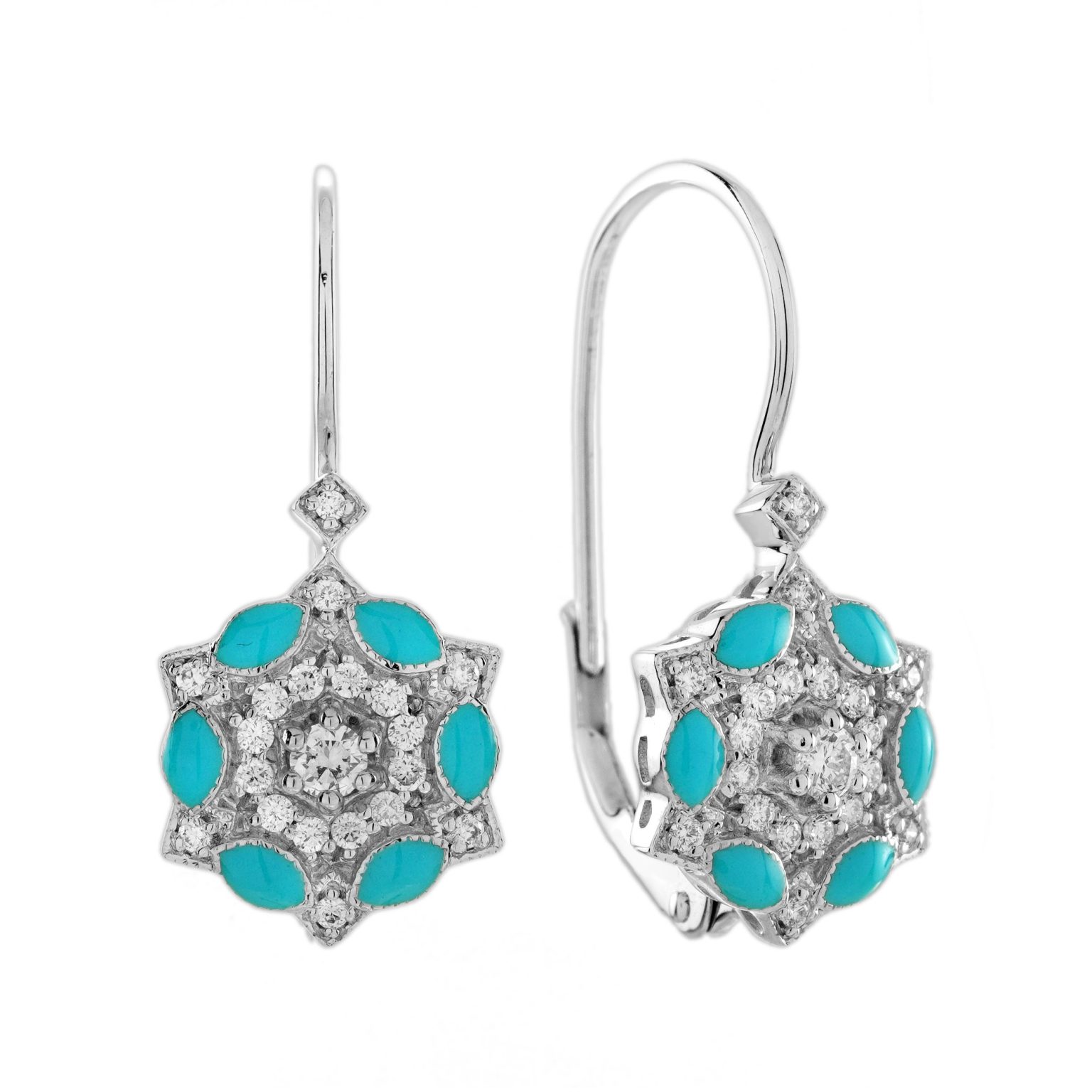 Diamond Blue Enamel Art Deco Style Floral Earrings