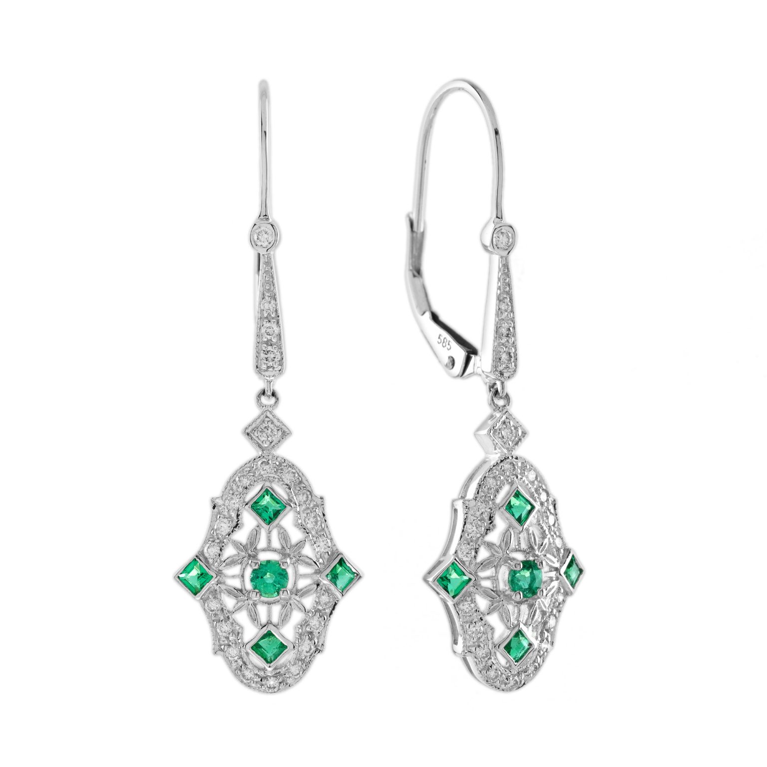 Emerald Diamond Art Deco Style Drop Earrings
