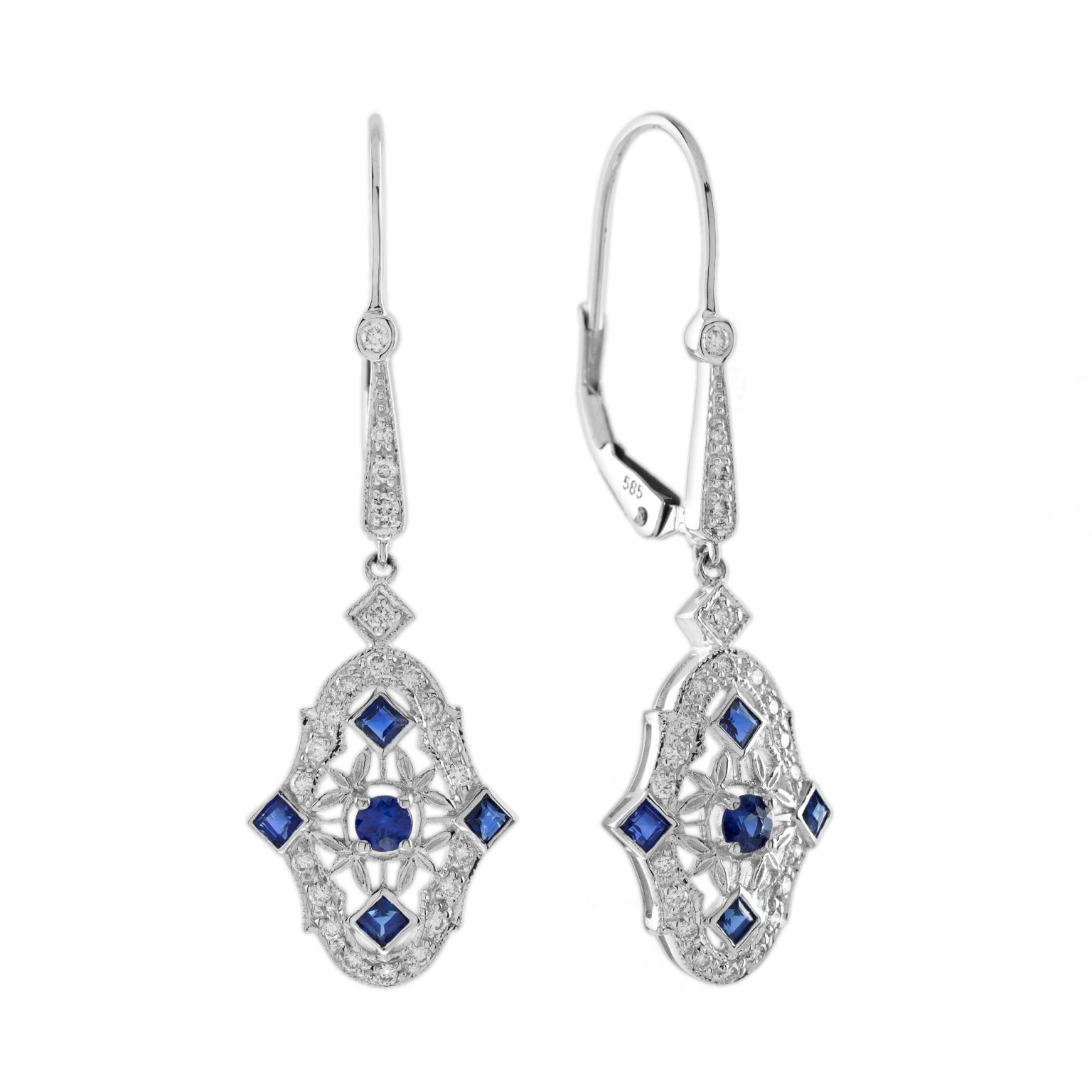 Blue Sapphire Diamond Art Deco Style Drop Earrings