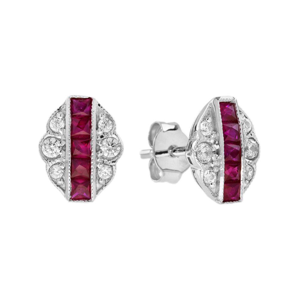 French Cut Ruby Diamond Art Deco Style Stud Earrings