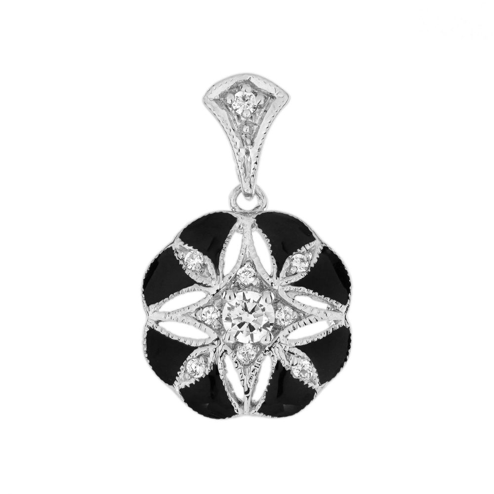 Diamond Enamel Art Deco Style Floral Pendant