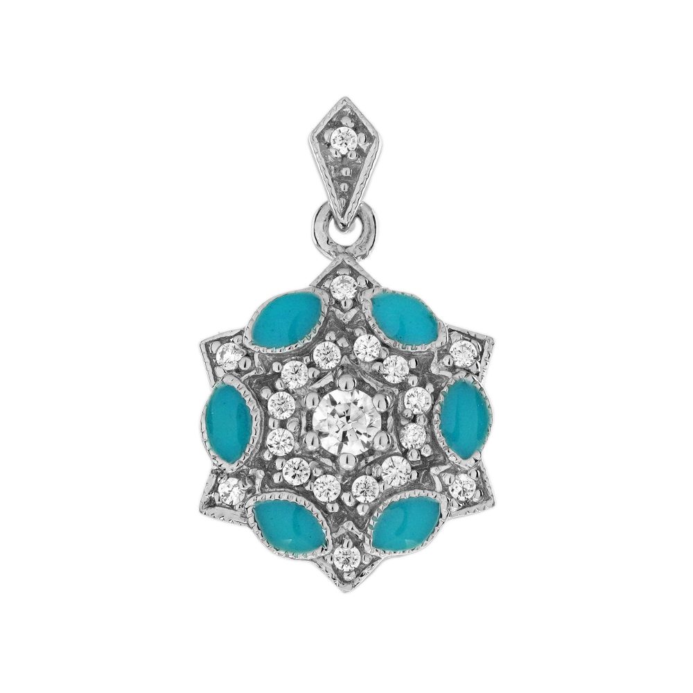 Diamond and Blue Enamel Art Deco Style Floral Cluster Pendant
