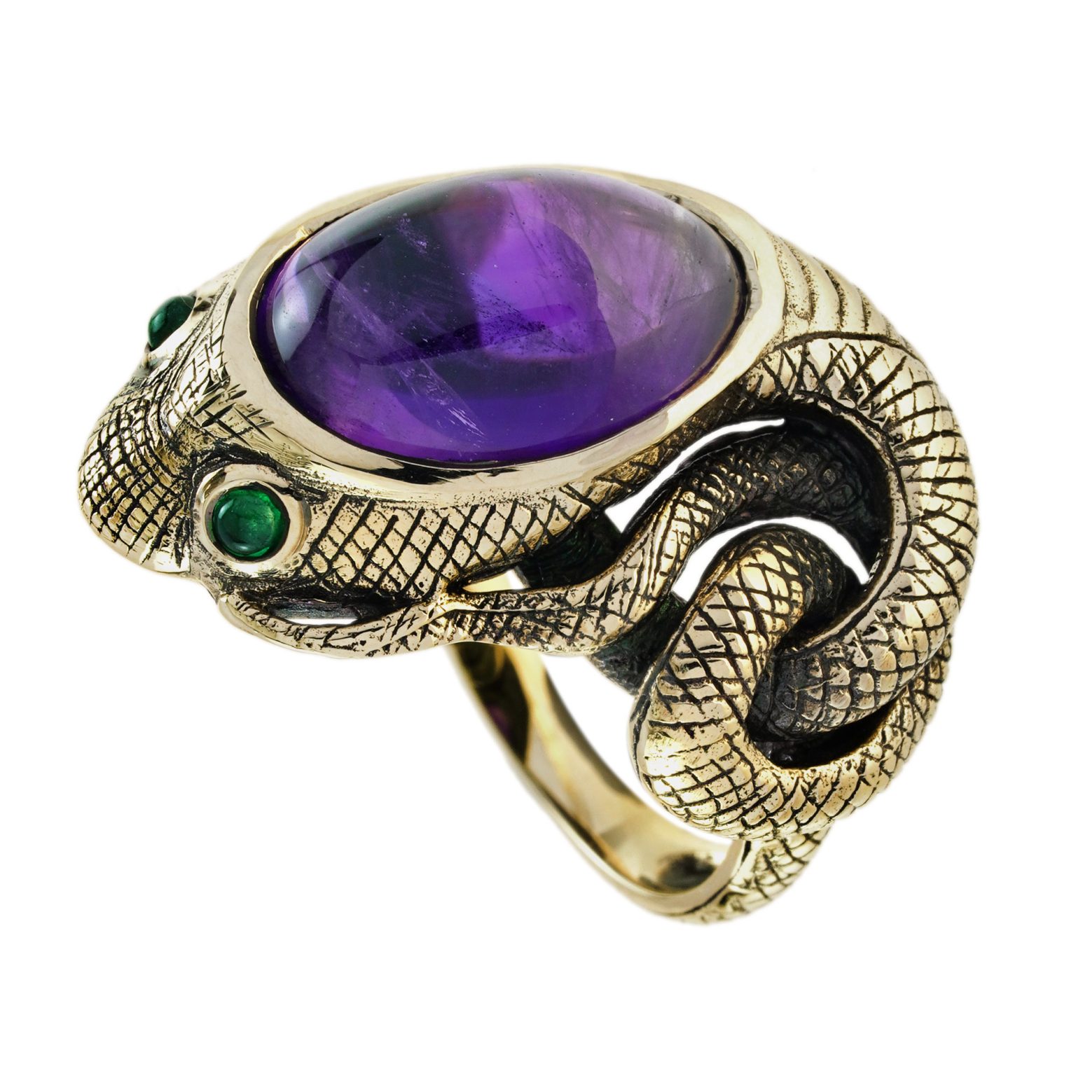Cabochon Amethyst and Emerald Antique Style Snake Ring