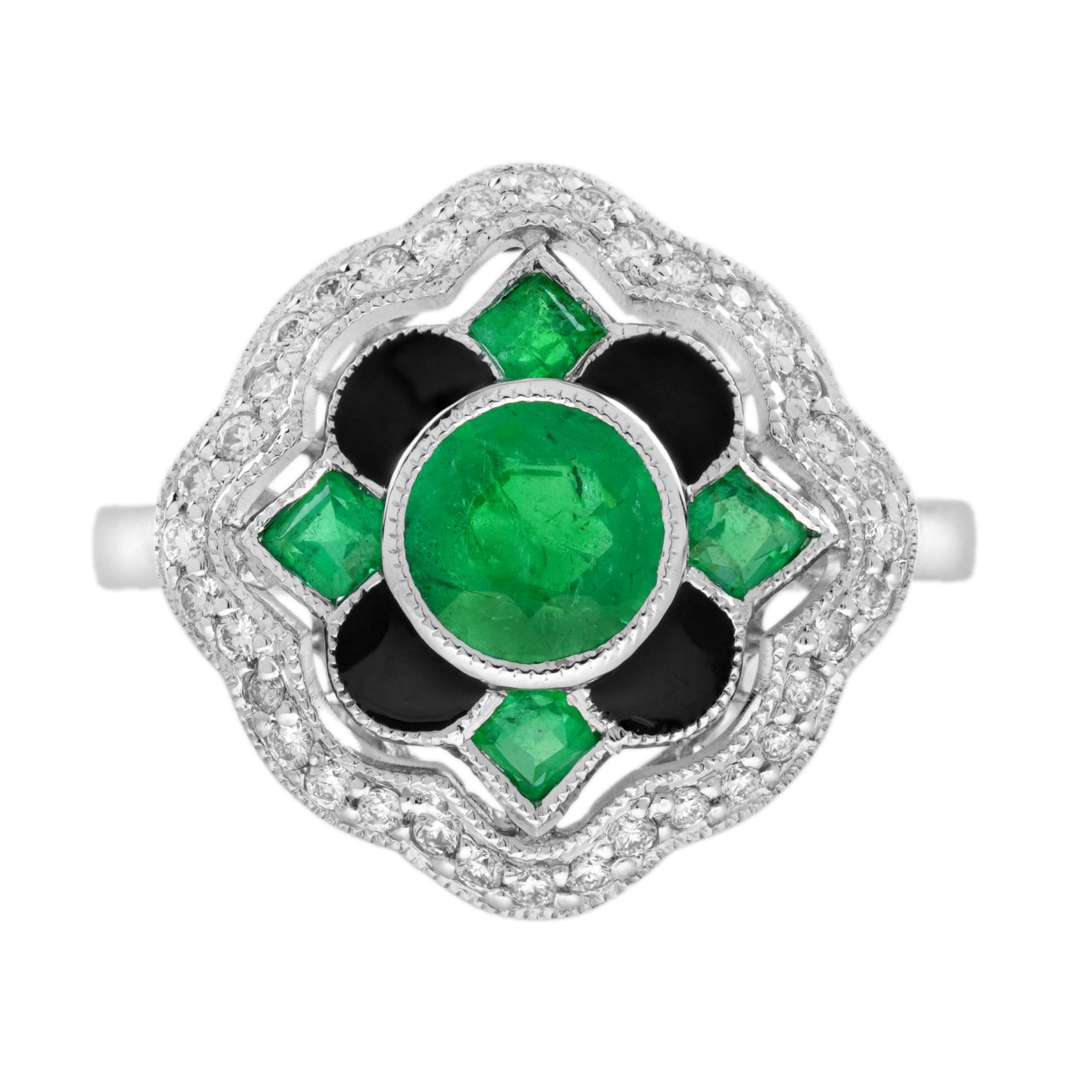 Emerald Diamond Enamel Antique Style Floral Halo Ring