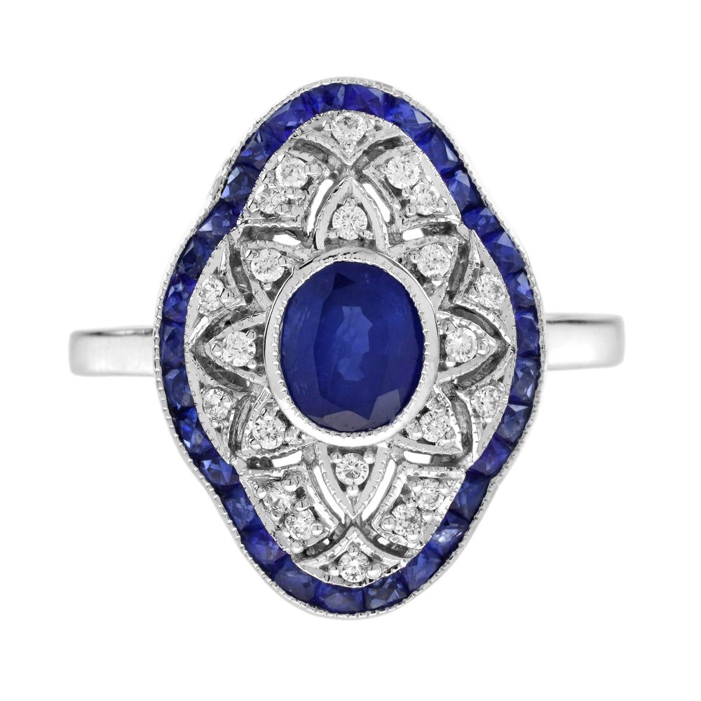 Blue Sapphire Diamond Edwardian Style Openwork Ring