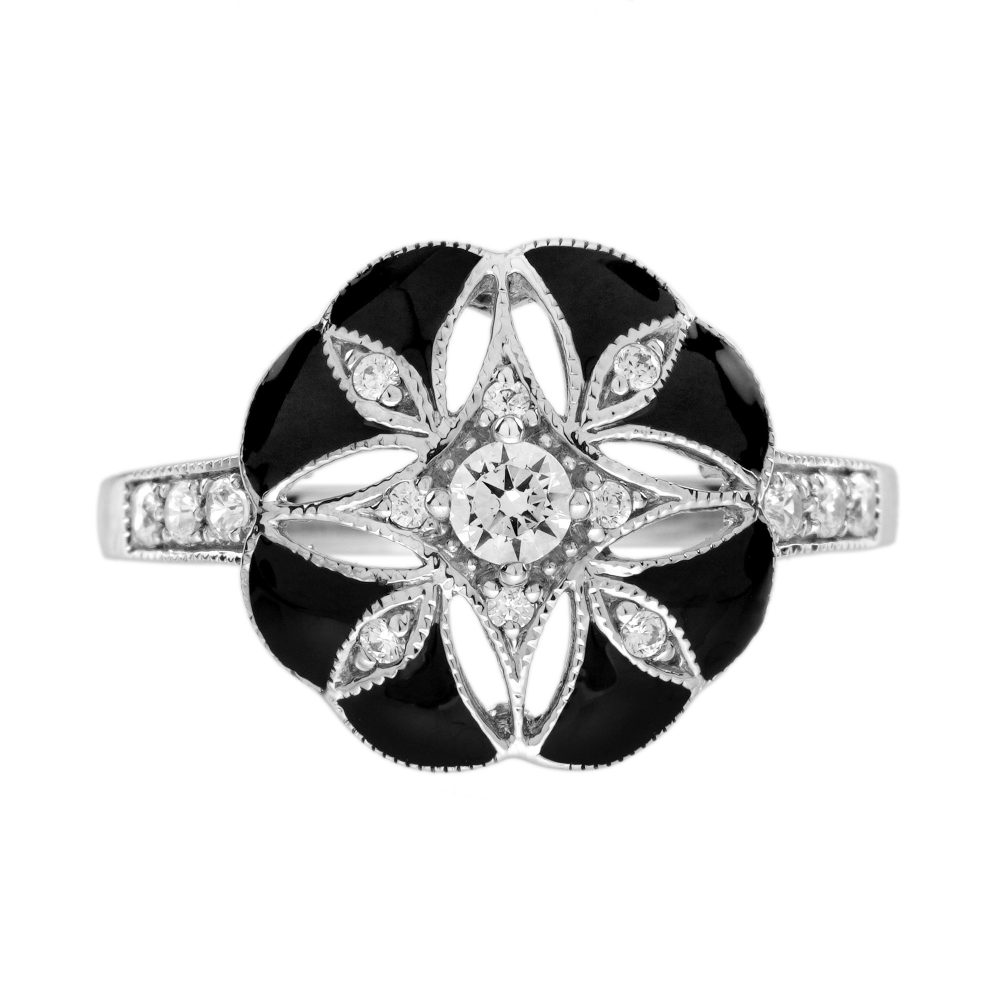 Diamond Enamel Art Deco Style Floral Ring