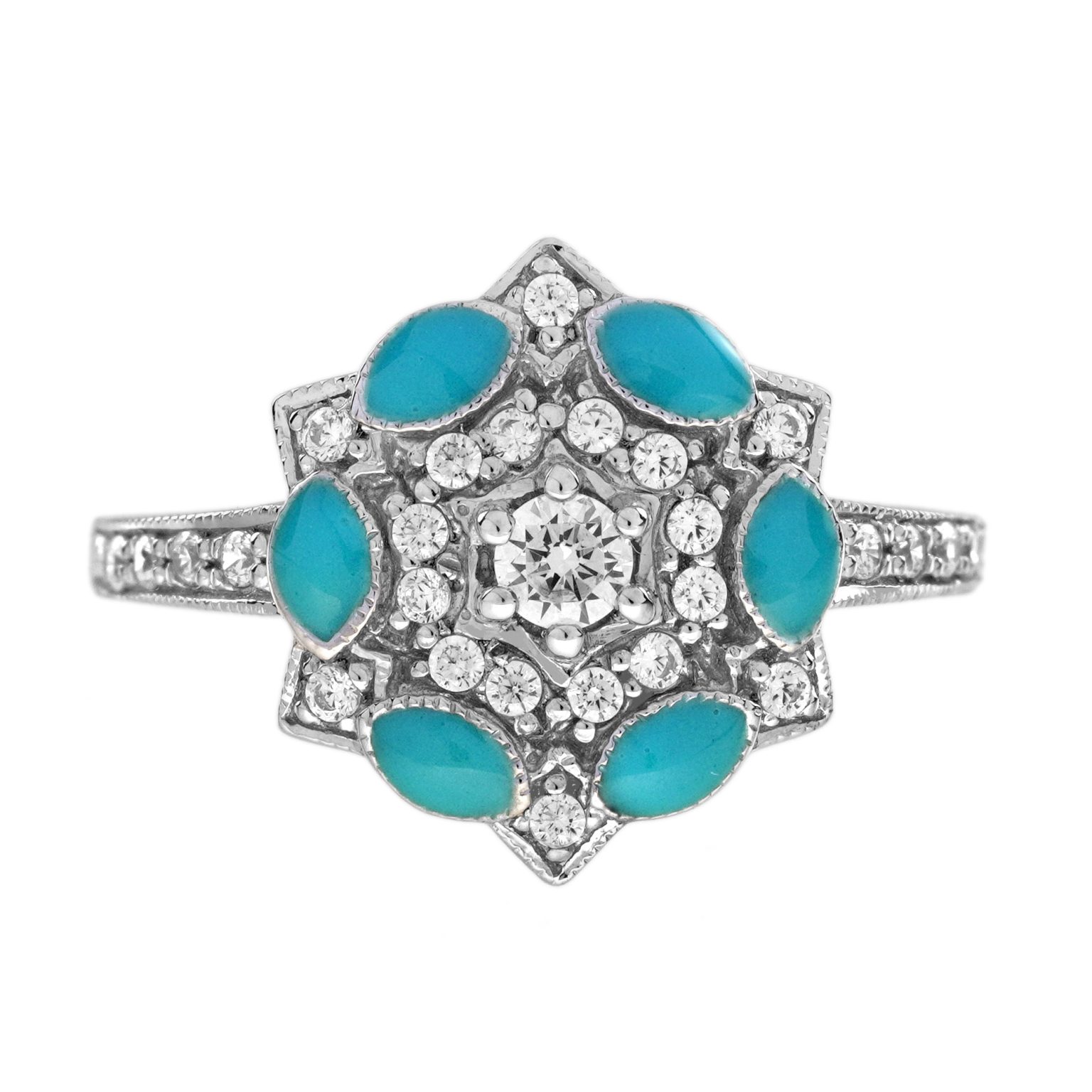 Diamond and Blue Enamel Art Deco Style Floral Cluster Ring