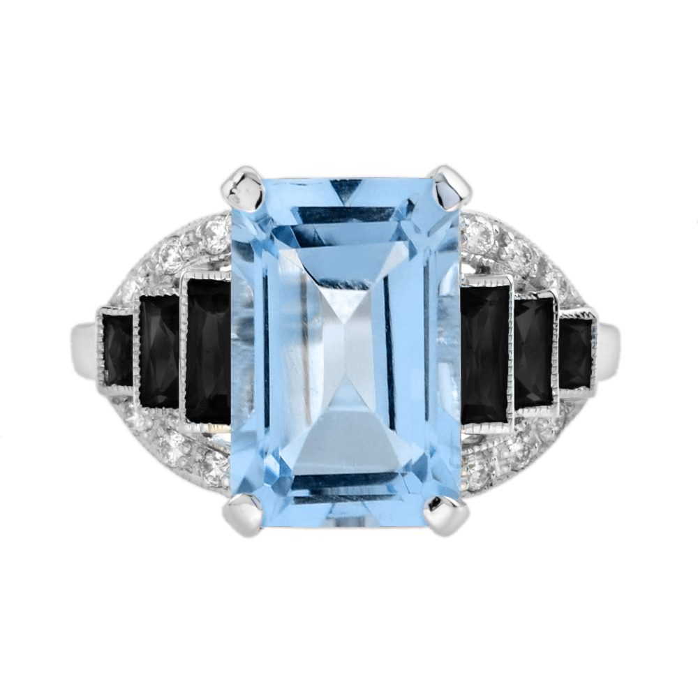 Blue Topaz Onyx Diamond Art Deco Style Ring
