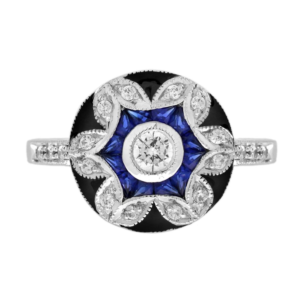 Diamond Blue Sapphire Antique Style Floral Enamel Halo Ring