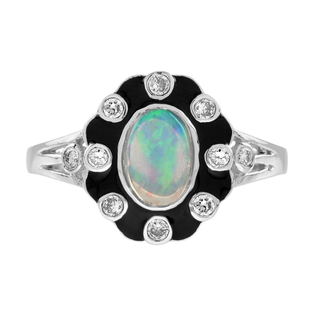 Opal and Diamond Art Deco Style Enamel Halo Ring