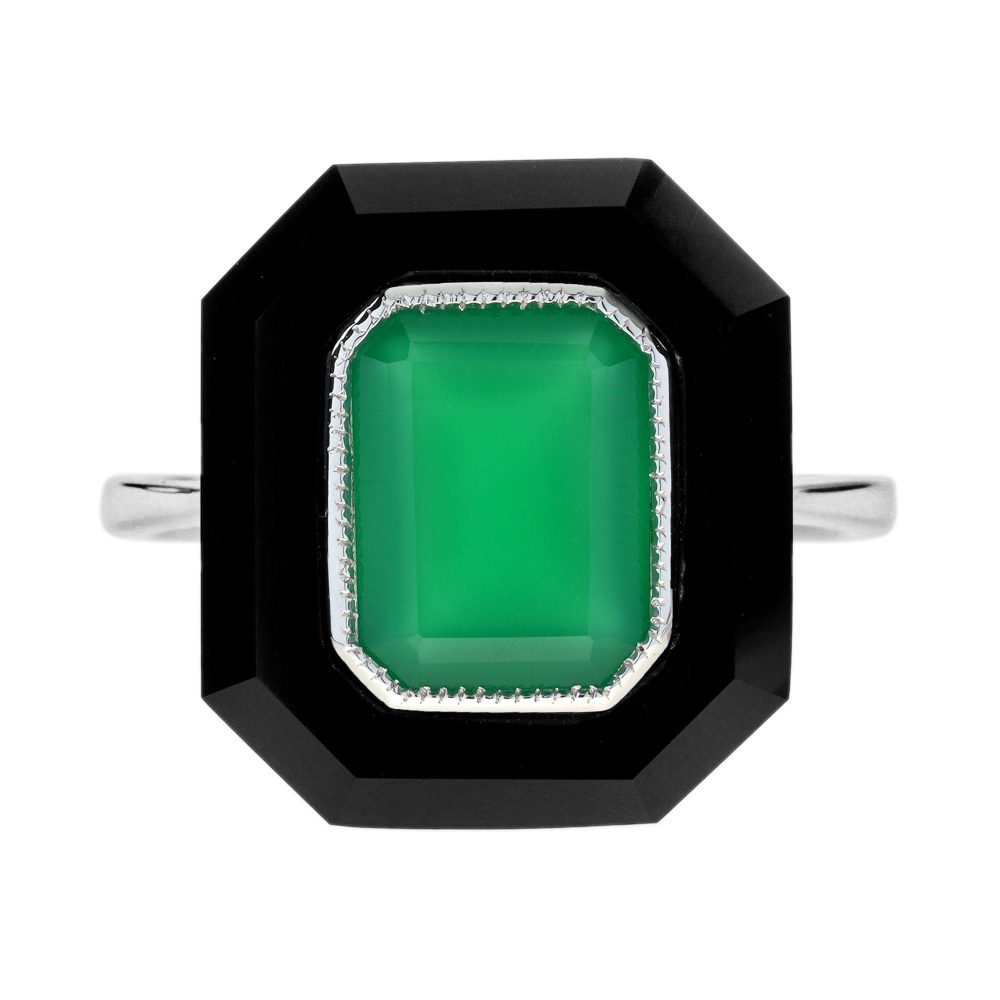 Green Agate Onyx Art Deco Style Hexagon Cocktail Ring