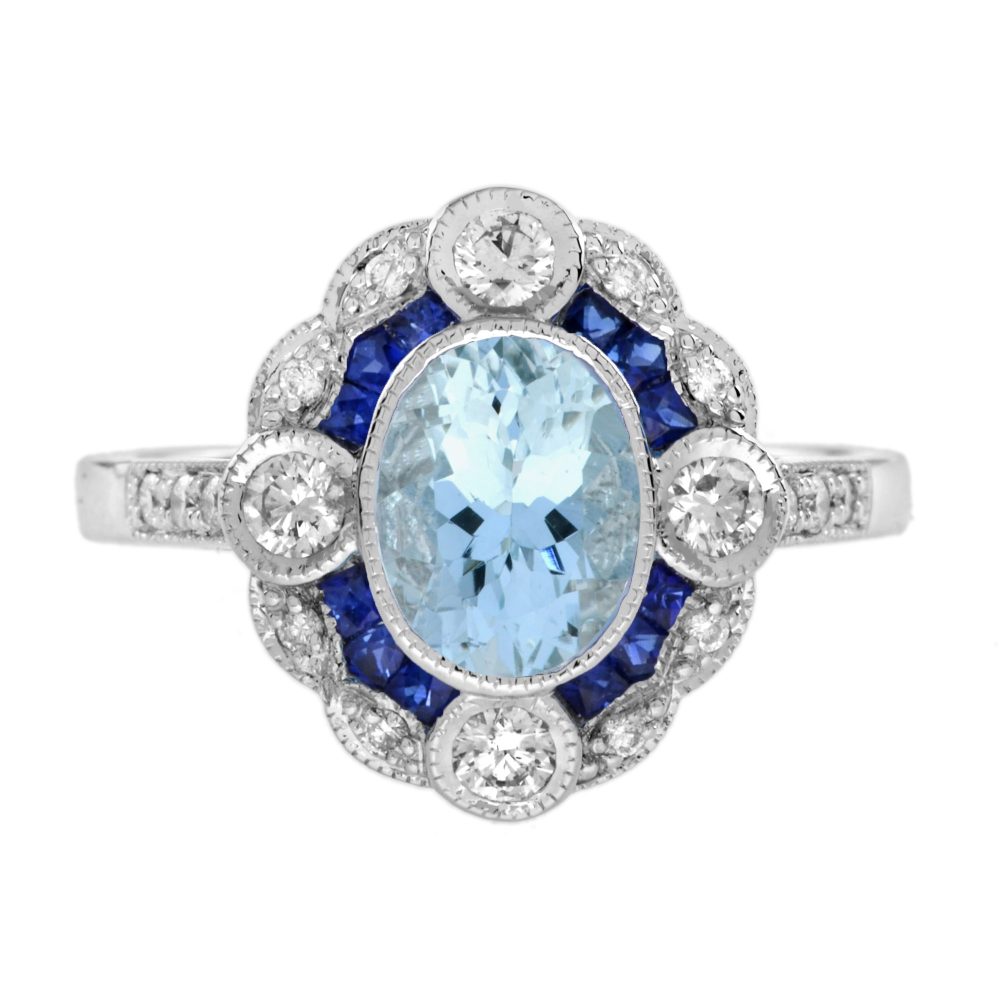 Aquamarine Sapphire Diamond Art Deco Style Engagement Ring