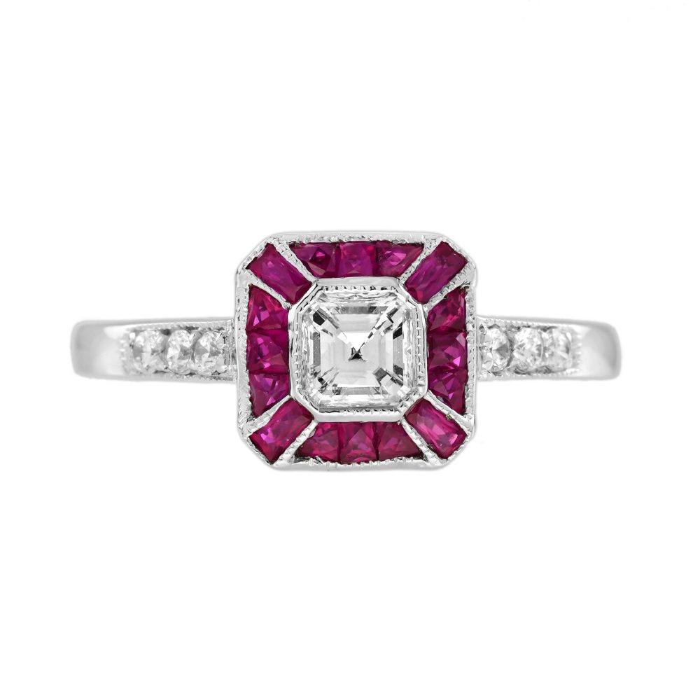 Asscher Cut Diamond and Ruby Art Deco Style Engagement Ring