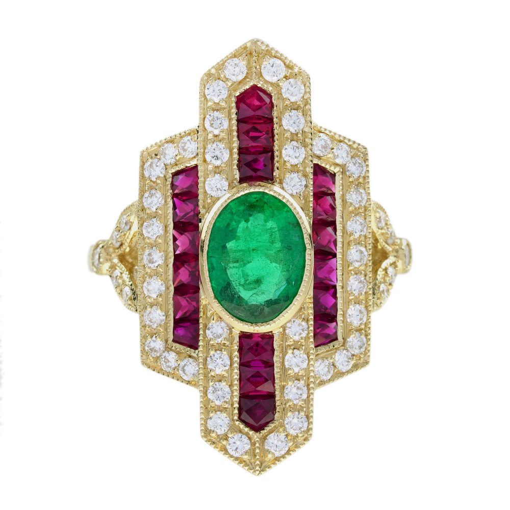 Emerald Ruby Diamond Art Deco Style Dinner Ring