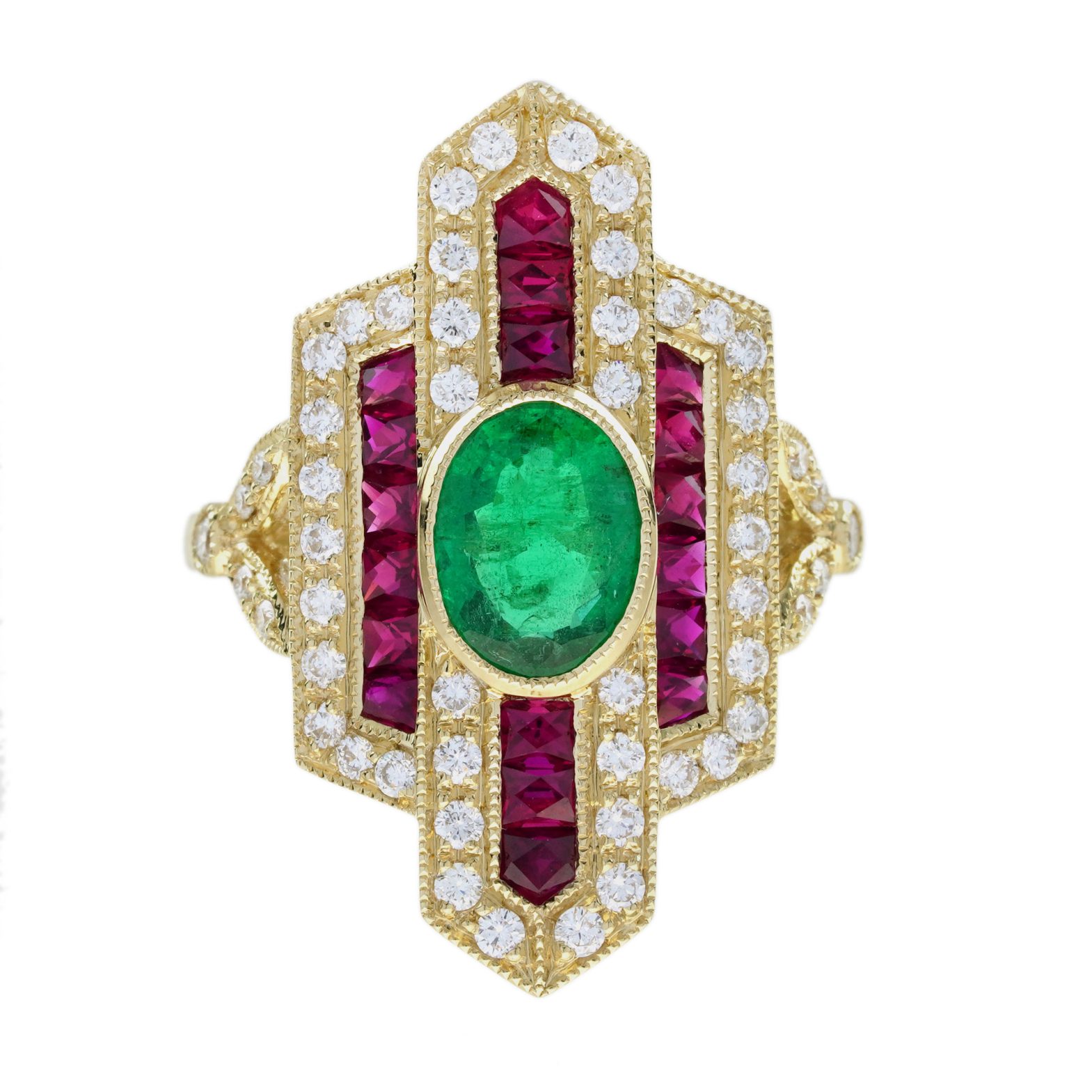 Emerald Ruby Diamond Art Deco Style Dinner Ring