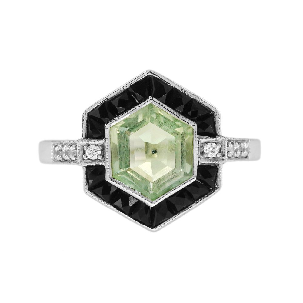 Green Amethyst Onyx Diamond Art Deco Style Hexagon Ring