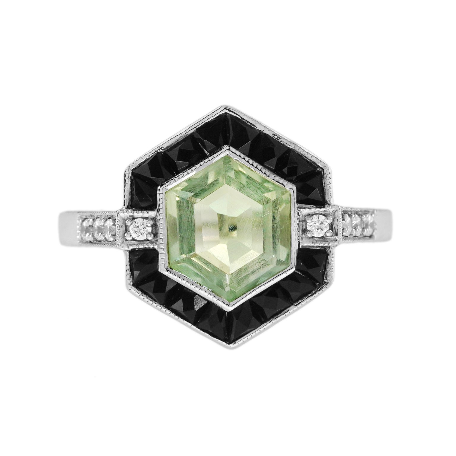 Green Amethyst Onyx Diamond Art Deco Style Hexagon Ring
