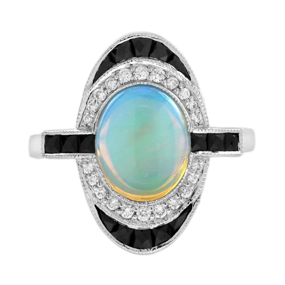 Opal Onyx and Diamond Art Deco Style Cocktail Ring