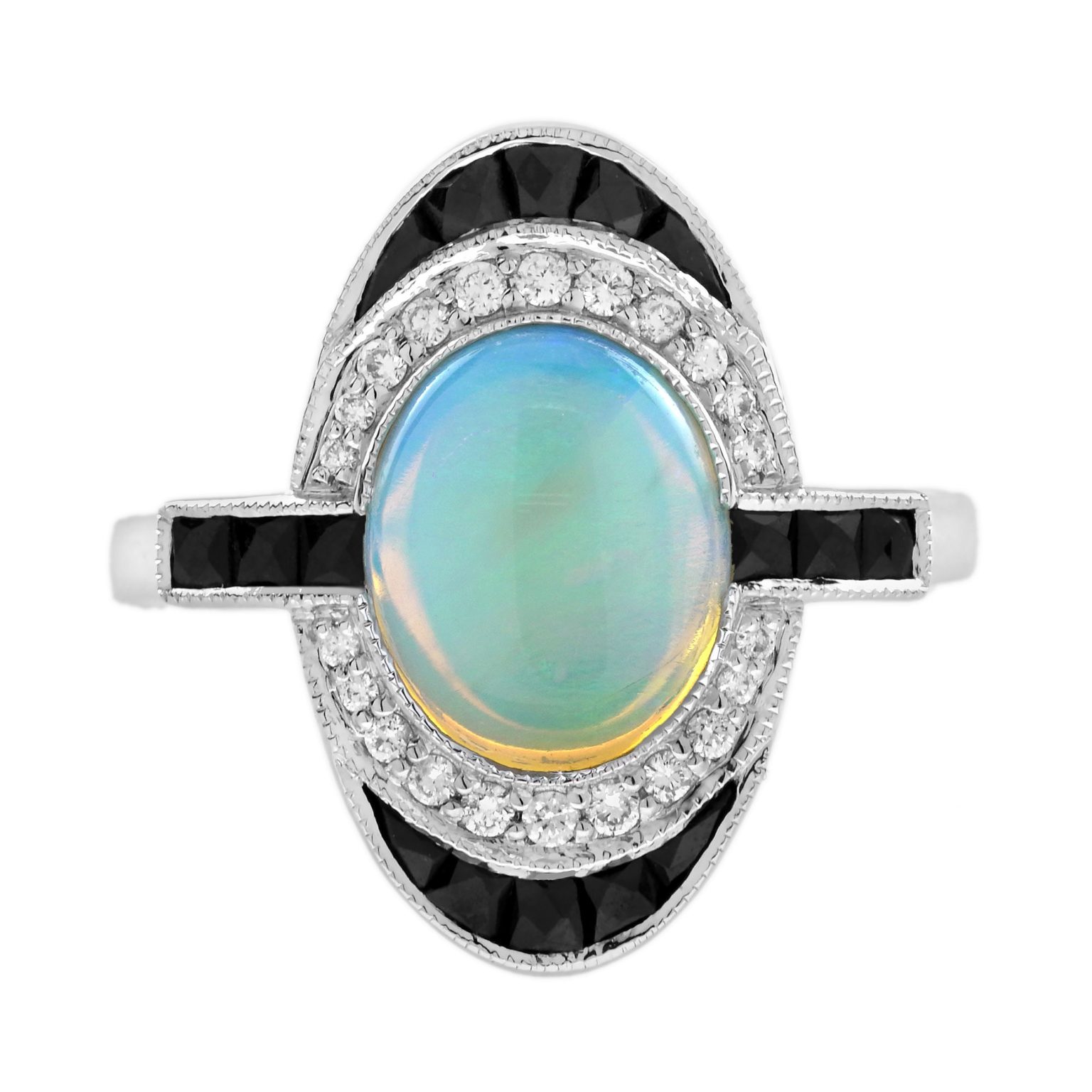 Opal Onyx and Diamond Art Deco Style Cocktail Ring