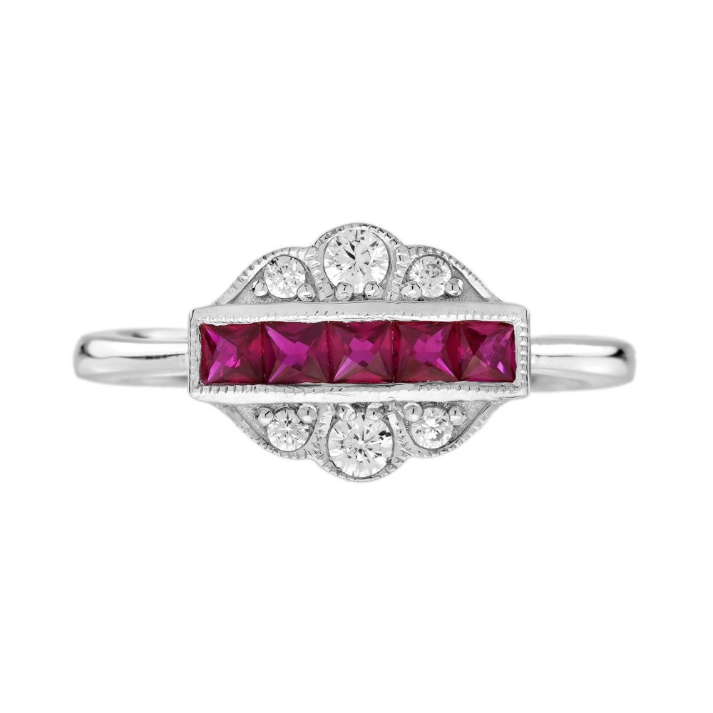 French Cut Ruby Diamond Art Deco Style Ring