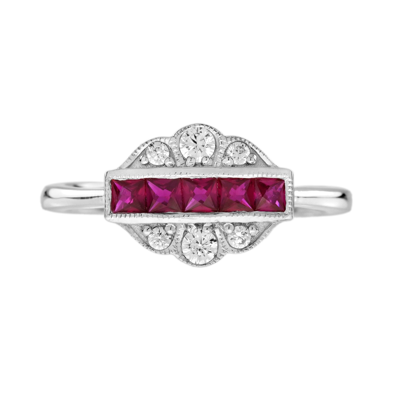 French Cut Ruby Diamond Art Deco Style Ring