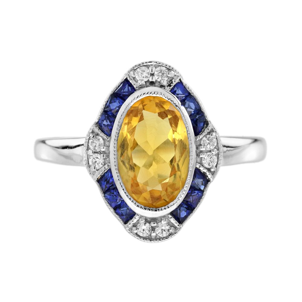Citrine Blue Sapphire Diamond Art Deco Style Target Ring